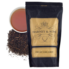 Harney & Sons decaf earl grey front pouch showing label and benefit of classic bergamot aroma