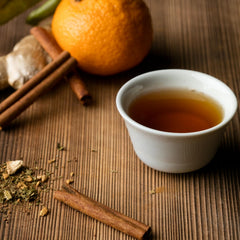 Harney & Sons cup of hot decaf cinnamon tea in kitchen scene offering comforting spice warmth