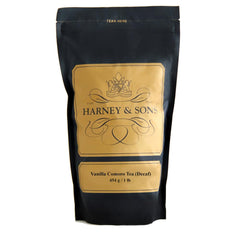 Harney & Sons front pouch showing decaf vanilla tea and clear labeling for easy identification