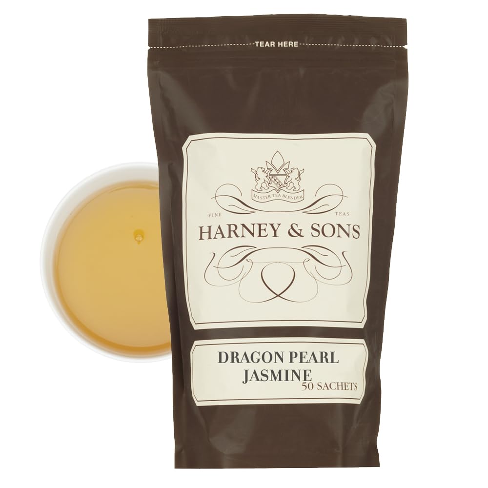 Harney & Sons front packaging showing resealable bag and 50 sachets for convenience