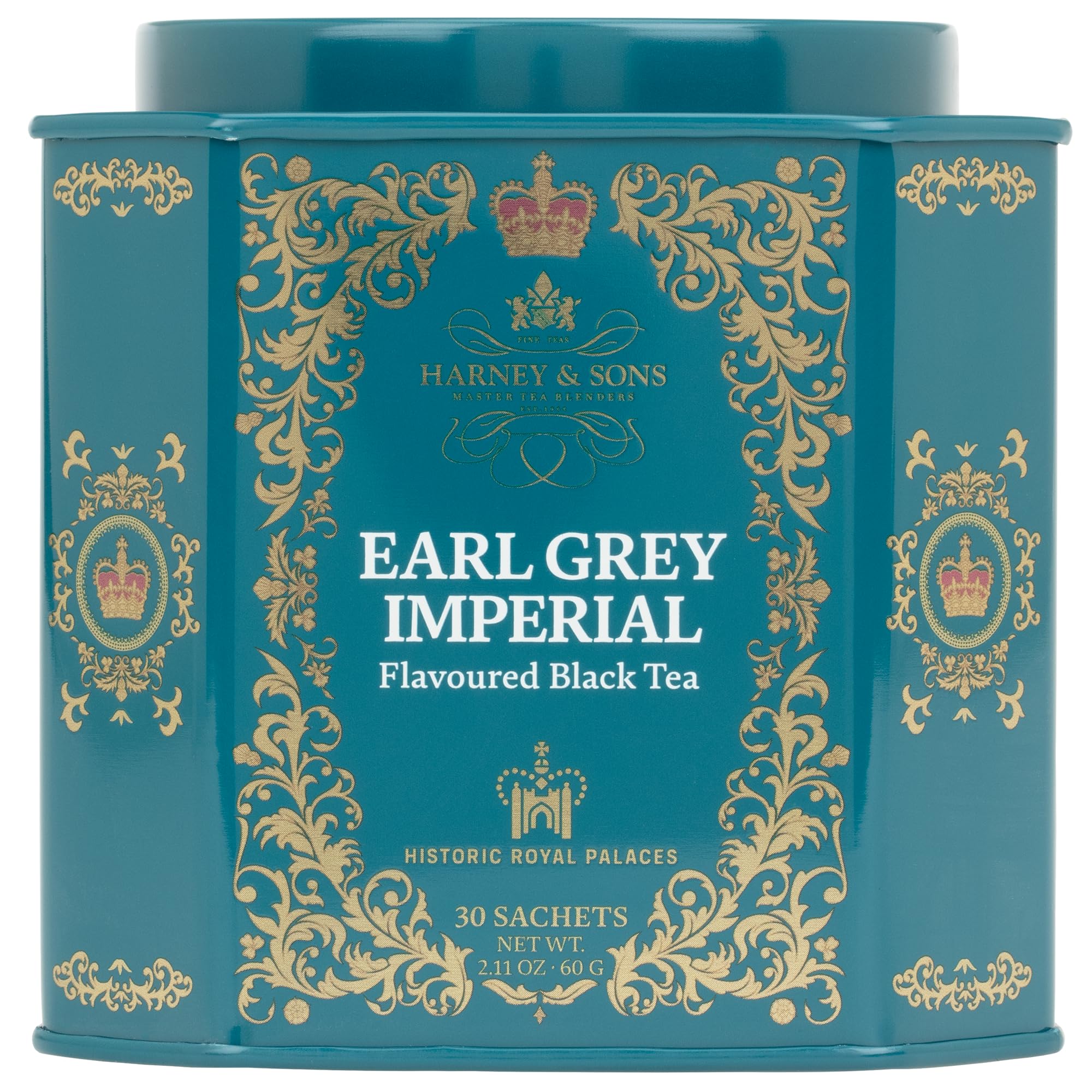 Harney & Sons tin front view showing elegant Historic Royal Palaces design and collectible appeal