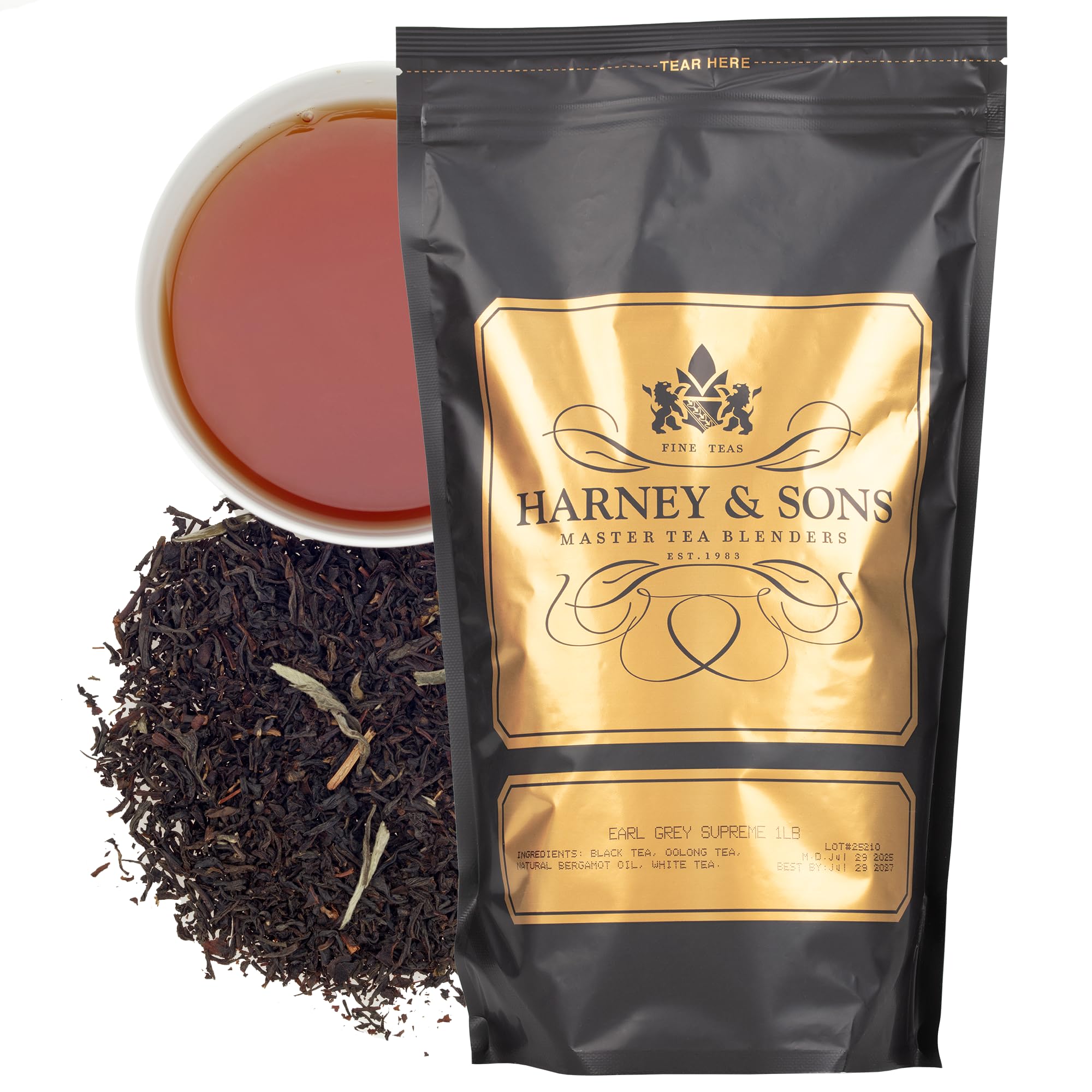 Harney & Sons pouch front view showing product branding and weight benefits