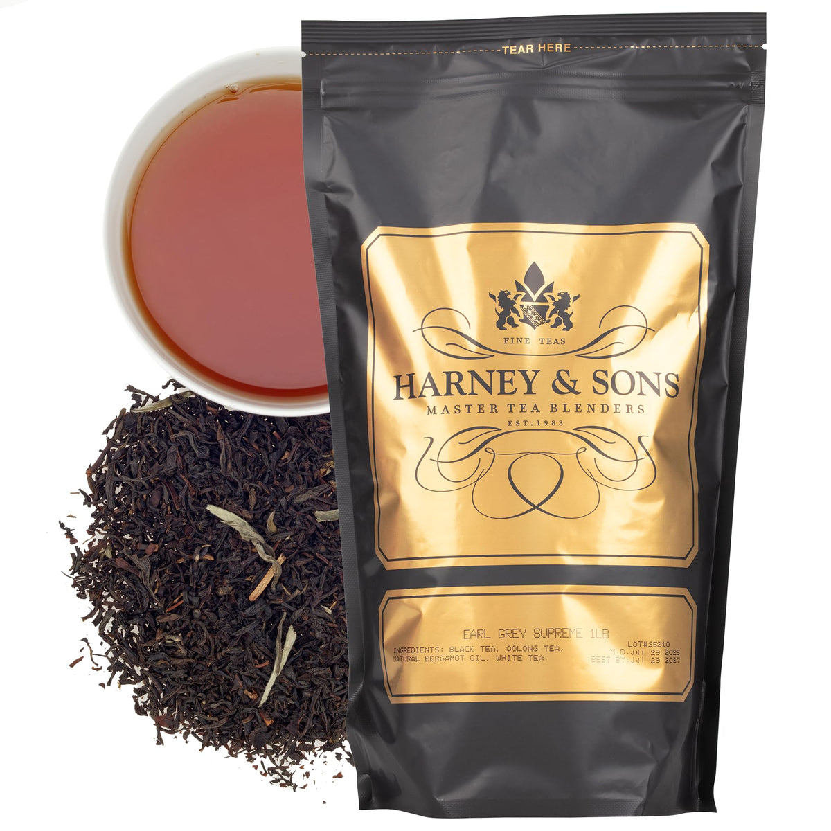 Harney & Sons pouch front view showing product branding and weight benefits