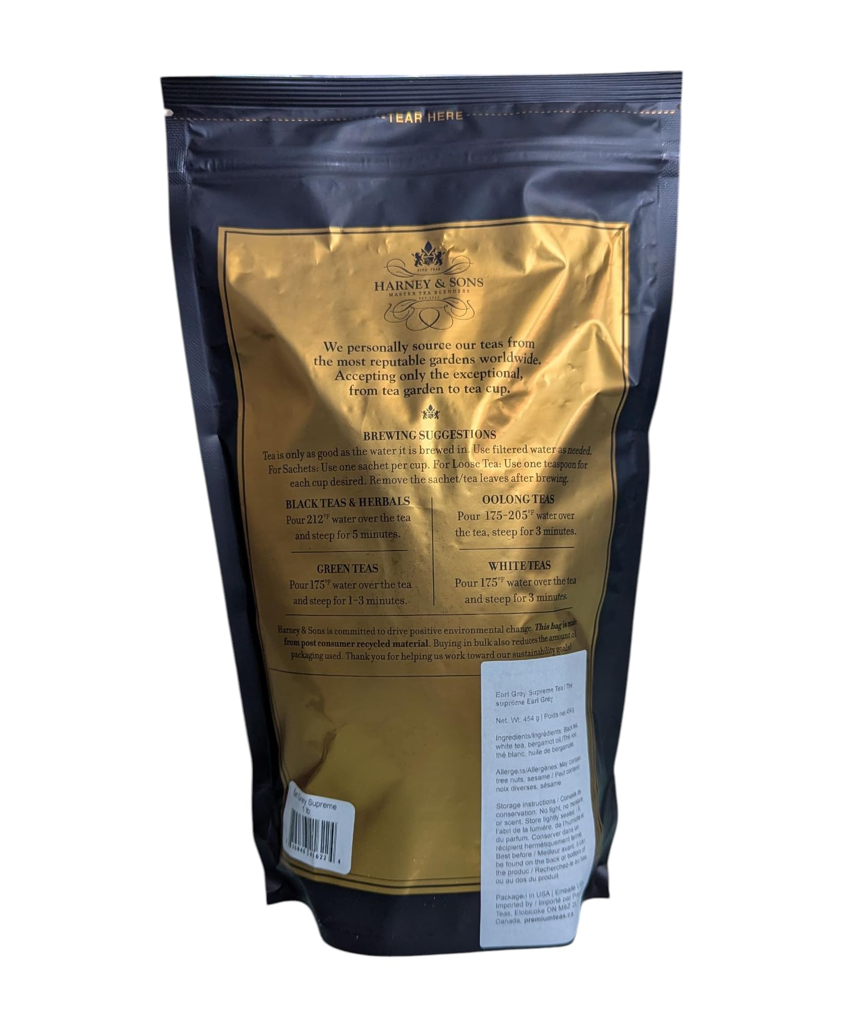 Harney & Sons 16 oz bag with teaspoon and measuring scoop showing yield benefits