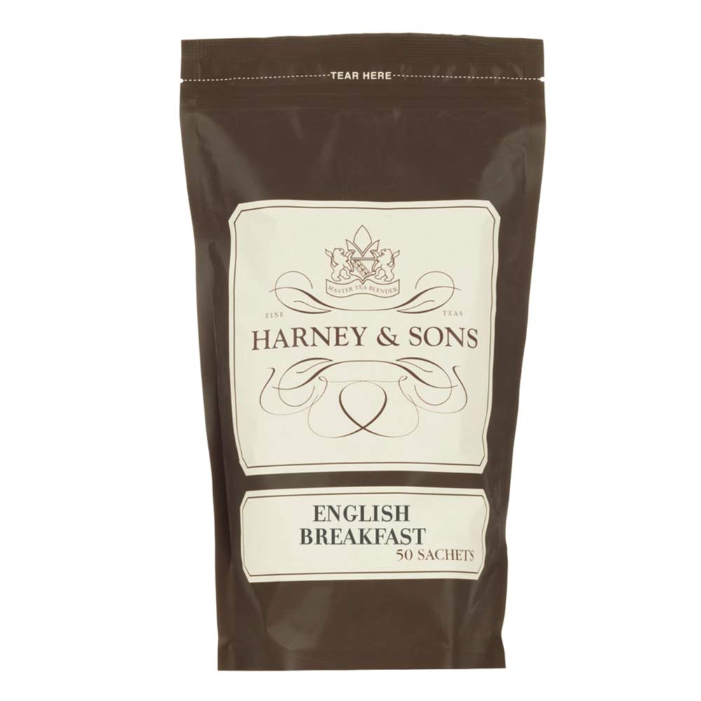 Harney & Sons front packaging showing bag of 50 sachets and label benefit