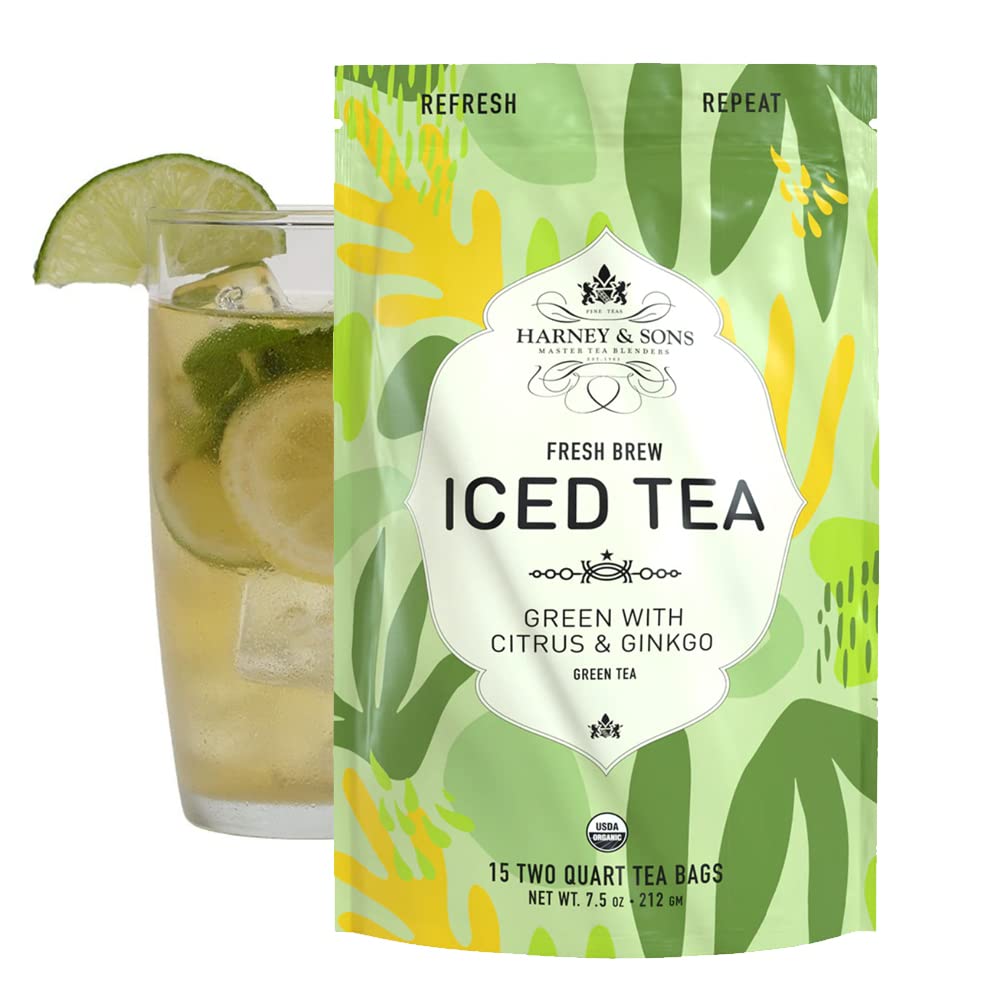 Harney & Sons box front showing tea bags and citrus, refreshing pitcher made easy