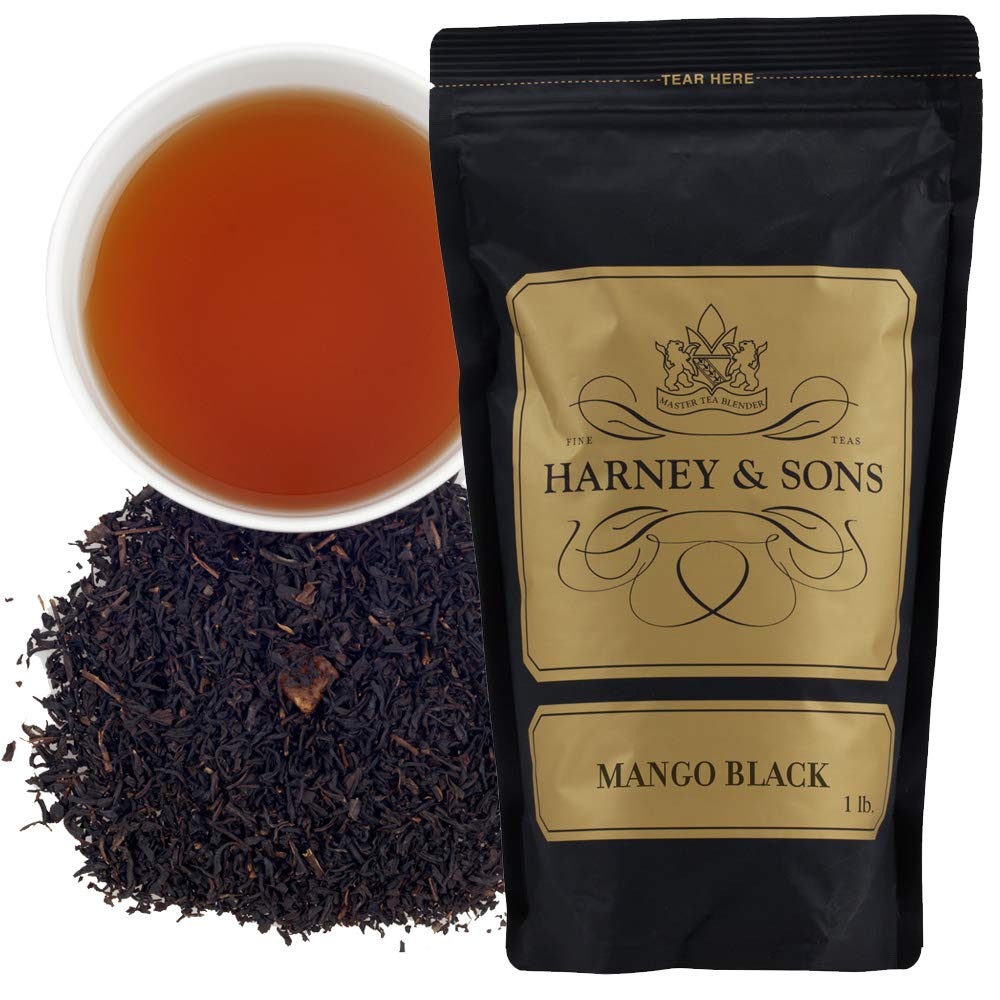 Harney & Sons front packaging mango tea showing resealable 16 oz bag and benefits