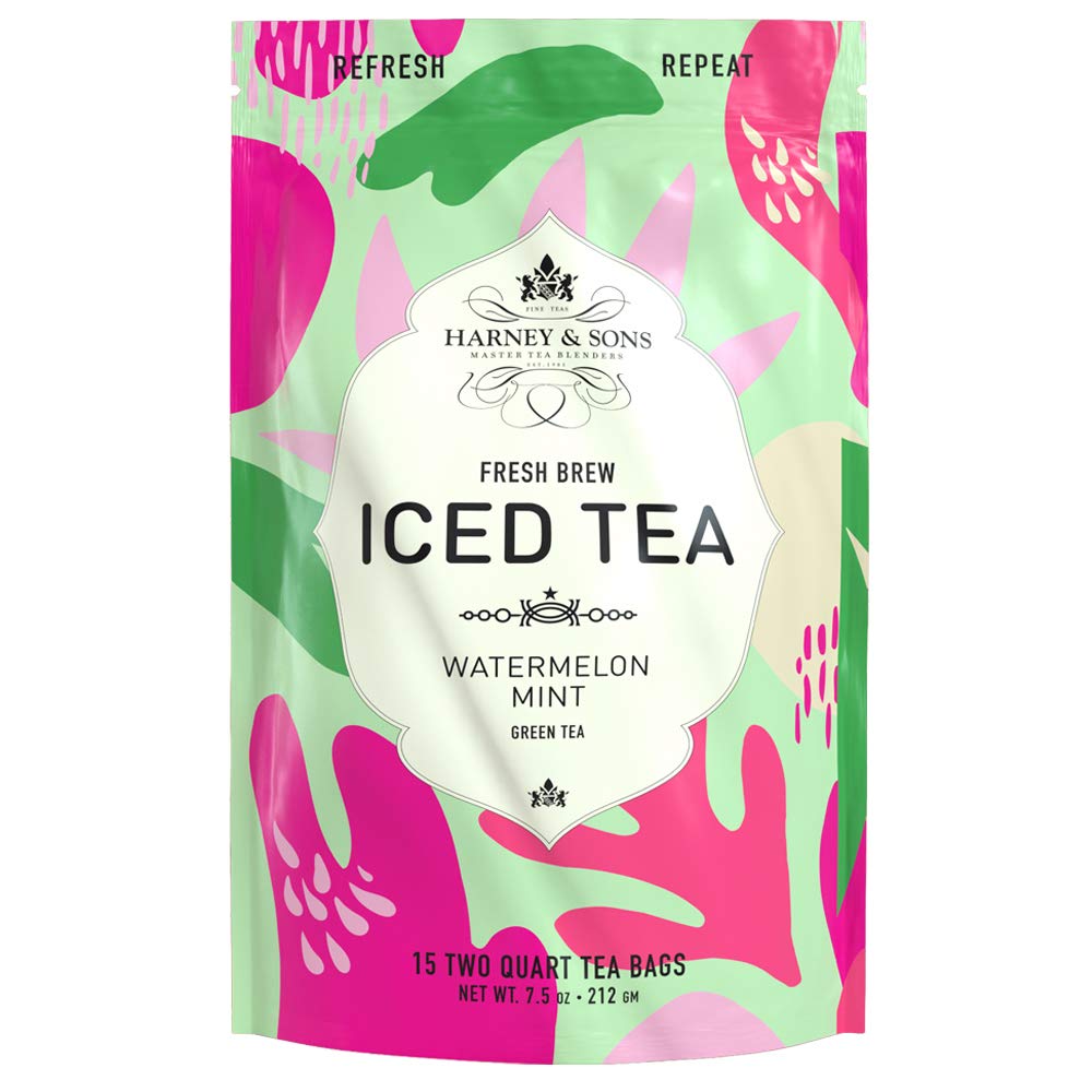 Harney & Sons front packaging showing watermelon mint green iced tea, clear product identity and benefit