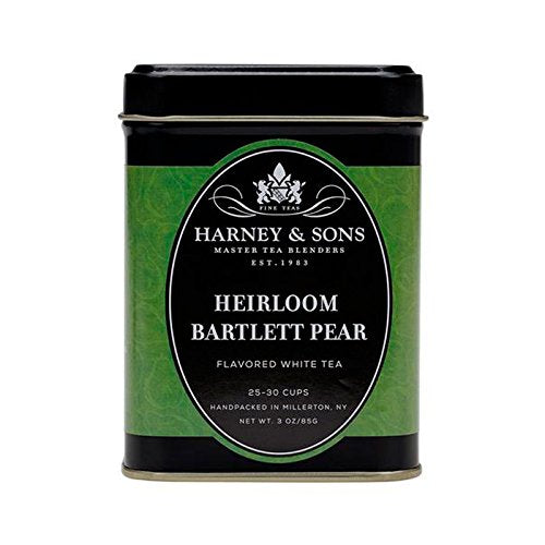 Harney & Sons decorative tin showing Bartlett Pear label, attractive gift packaging benefit