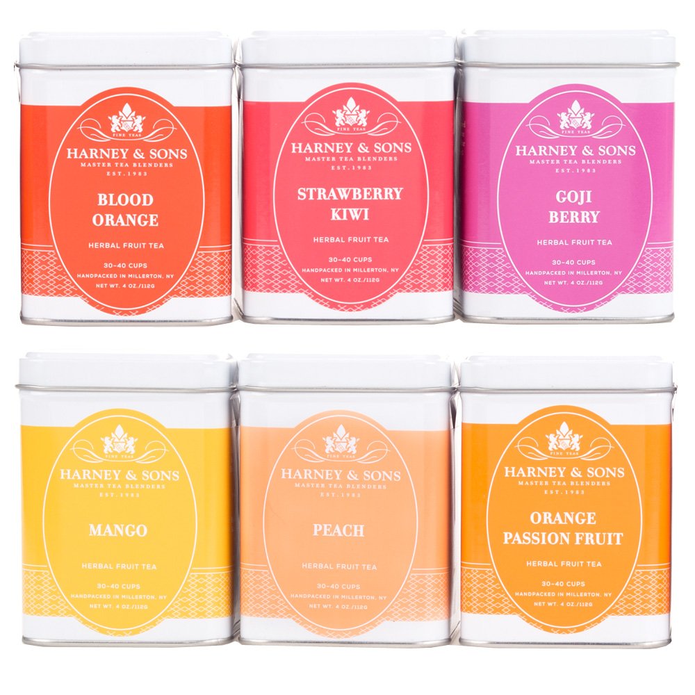 Harney & Sons sampler box front view showing six loose-leaf fruit tea blends, ideal for variety tasting