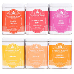 Harney & Sons sampler box front view showing six loose-leaf fruit tea blends, ideal for variety tasting