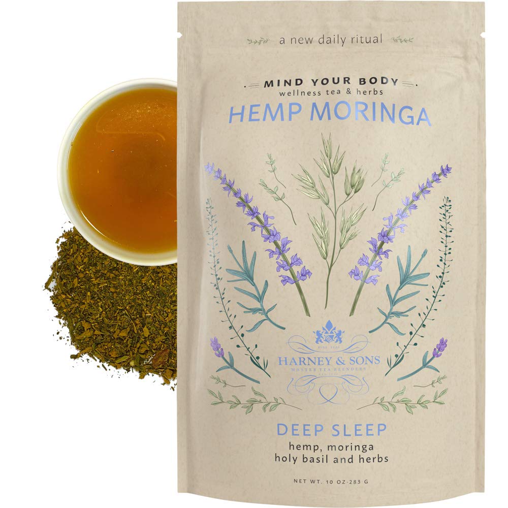 Harney & Sons front packaging view showing hemp moringa blend and calming benefits