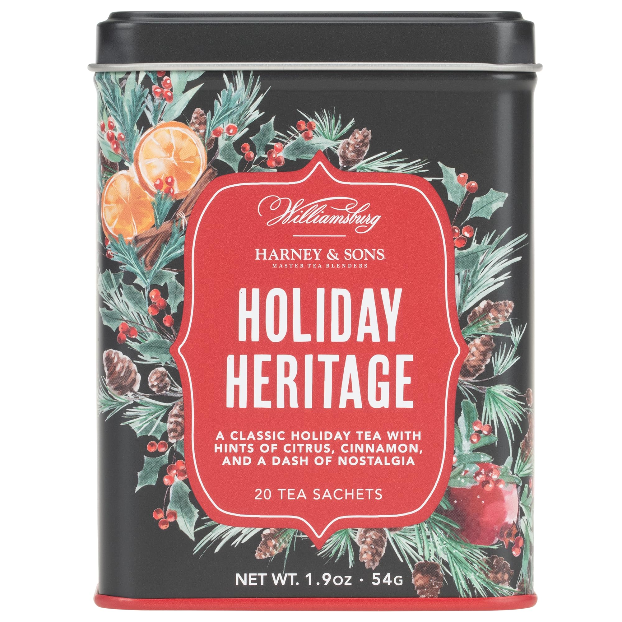 Harney & Sons tin front showing 20 sachets and seasonal design for gifting