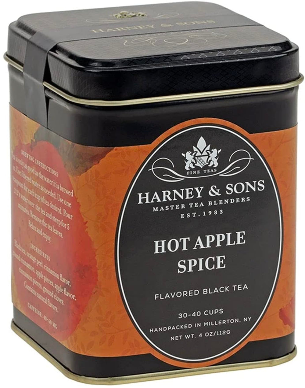 Harney & Sons tin front view showing label and inviting apple-spice aroma