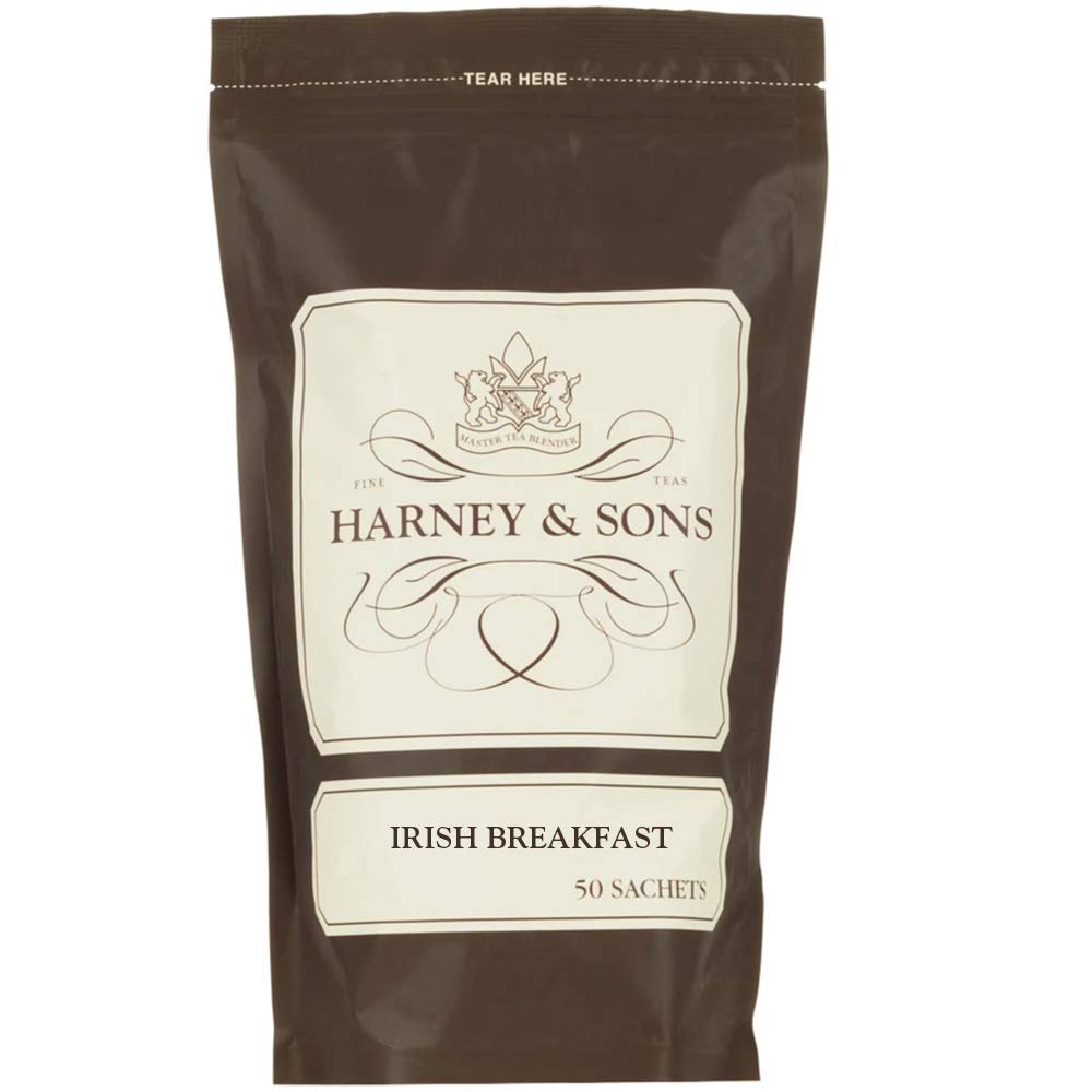 Harney & Sons resealable pouch front view showing brand and 50 sachets, highlights freshness