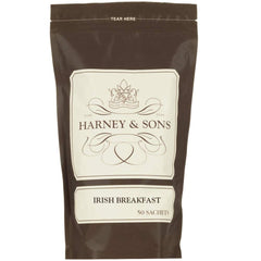 Harney & Sons resealable pouch front view showing brand and 50 sachets, highlights freshness