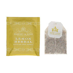 Harney & Sons close-up of an individual tea bag with visible lemongrass and lemon peel, highlighting freshness