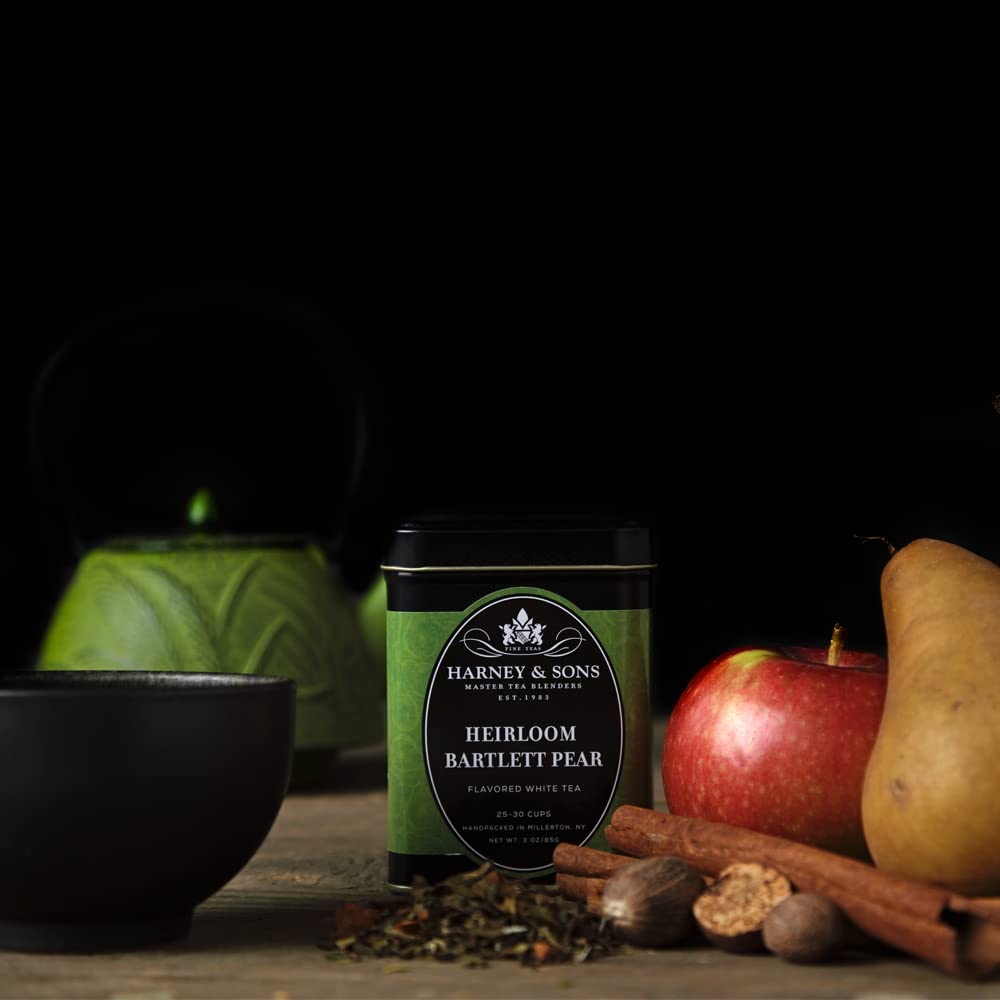 Harney & Sons close-up of Mutan leaves and dried pear pieces highlighting natural ingredients