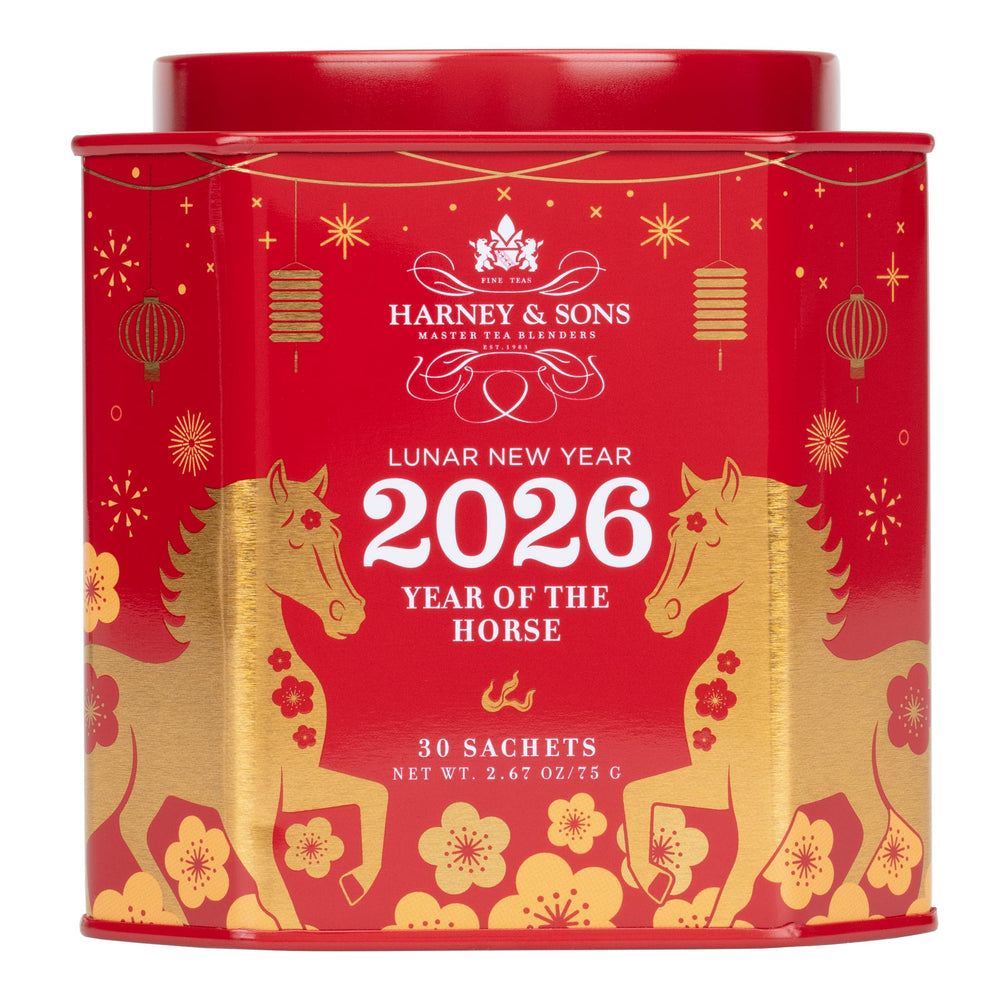 Harney & Sons festive tin front showing Year of the Horse design and 30 sachets as a gift