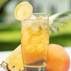 Harney & Sons sachet close-up revealing tea blend and mango pieces for aroma