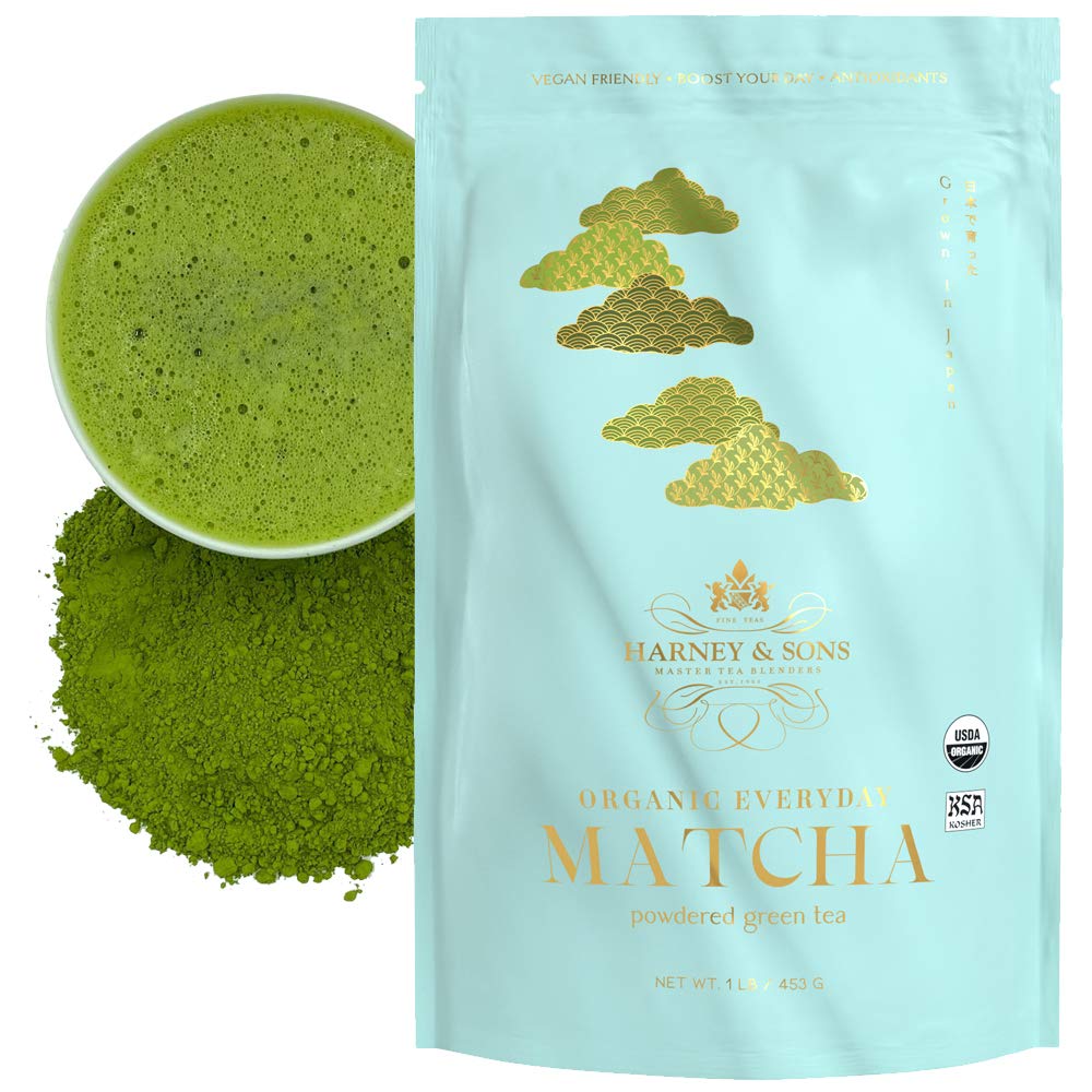 Harney & Sons front packaging of 16 oz organic matcha, showing brand and pouch for convenience