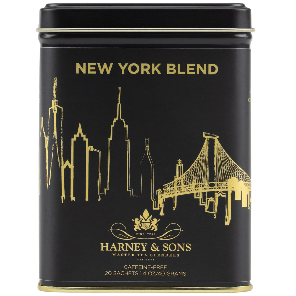 Harney & Sons tin front view showing elegant packaging and convenient storage