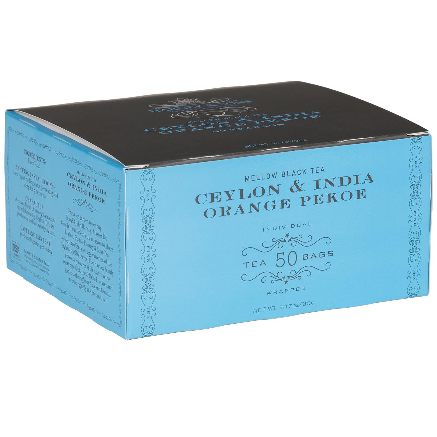Harney & Sons front packaging showing 50-count box and benefit of convenience
