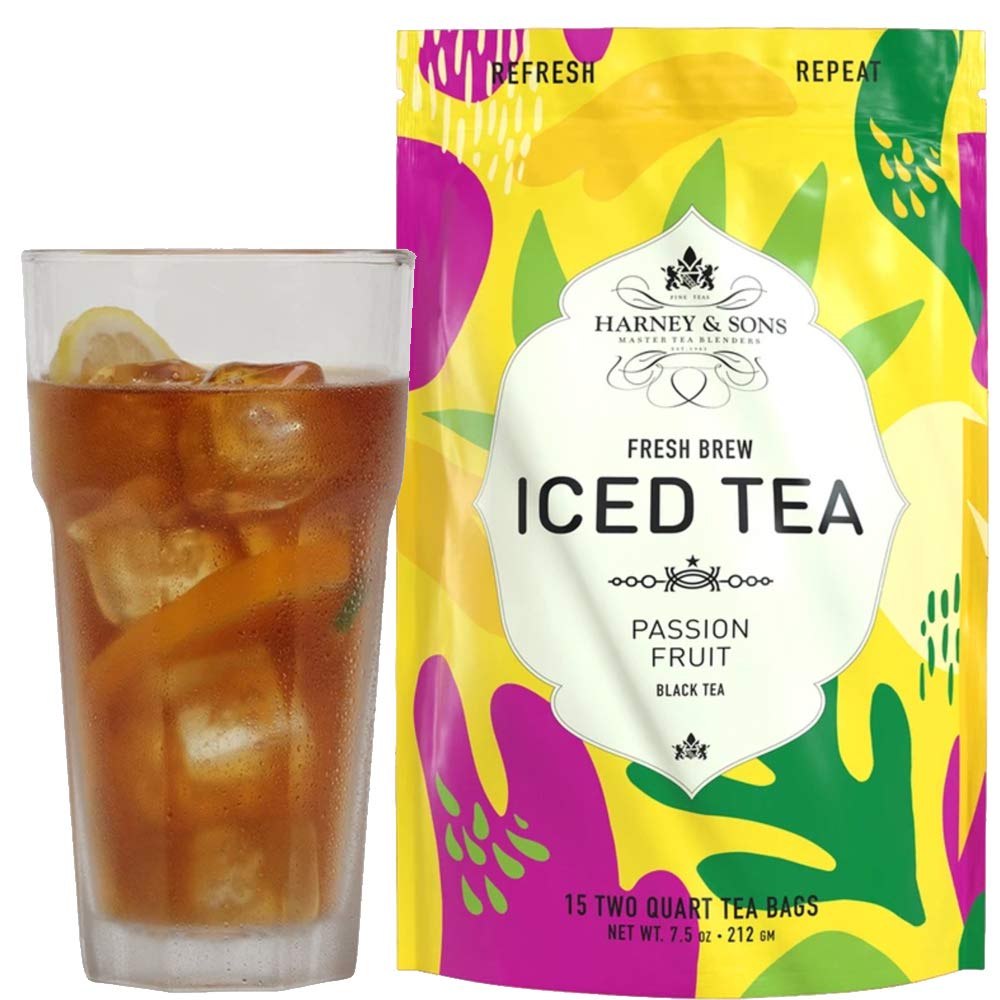 Harney & Sons front packaging of passion fruit iced tea, ready-to-brew for refreshing pitchers