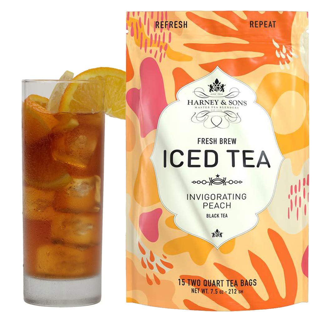 Harney & Sons front packaging showing organic peach iced tea and quantity benefit