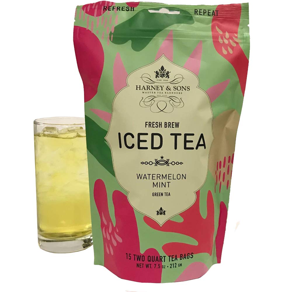 Harney & Sons pitcher of iced watermelon mint tea with glass, ice, and garnish, refreshing summer serve