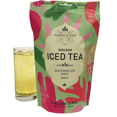 Harney & Sons pitcher of iced watermelon mint tea with glass, ice, and garnish, refreshing summer serve