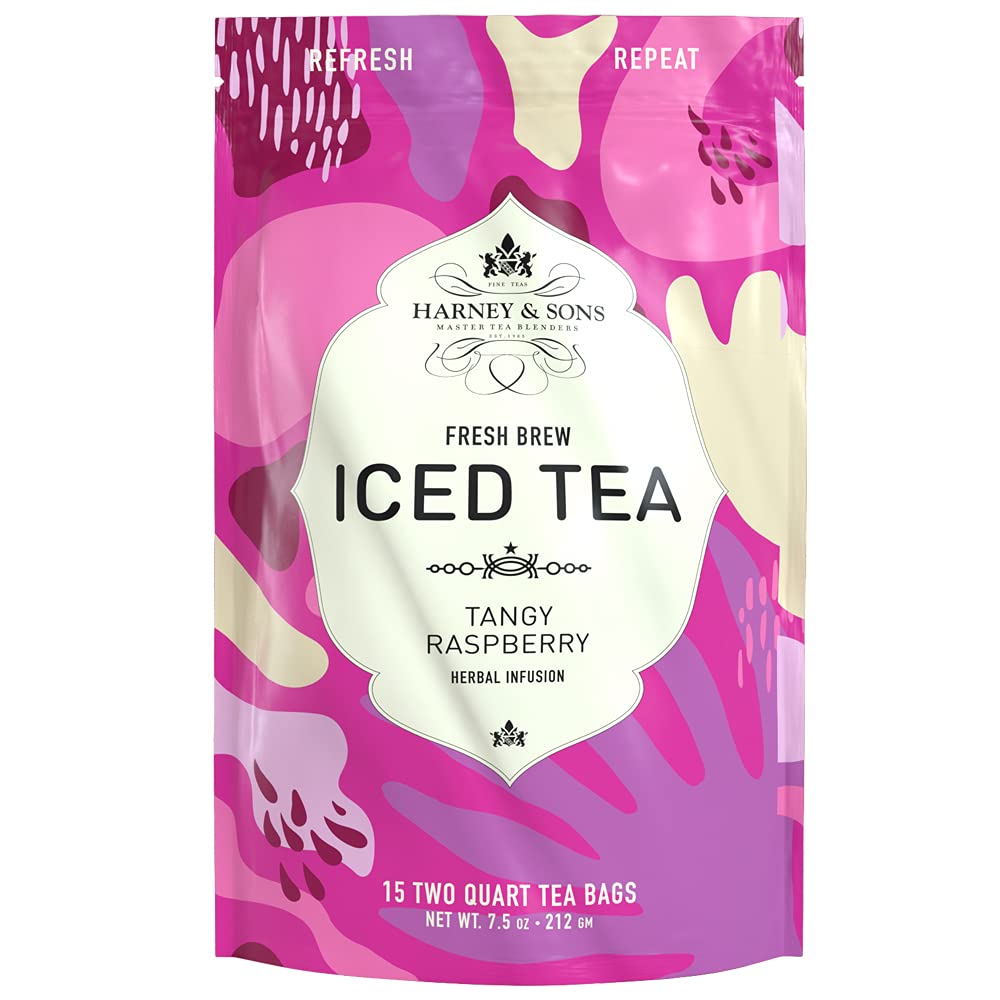 Harney & Sons brewed pitcher of raspberry iced tea poured over ice, refreshing serve