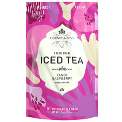 Harney & Sons brewed pitcher of raspberry iced tea poured over ice, refreshing serve