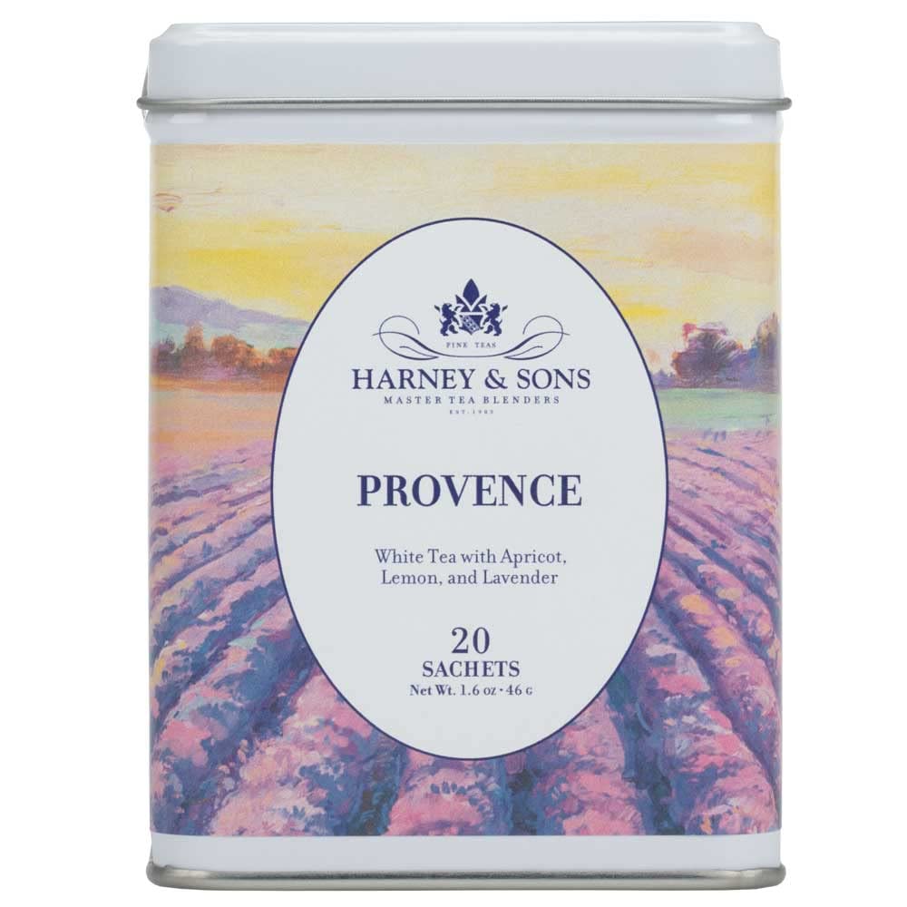 Harney & Sons tin front view showing Provence white tea packaging and benefits