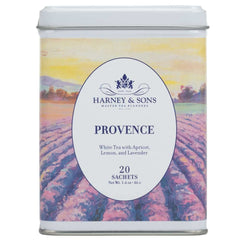 Harney & Sons tin front view showing Provence white tea packaging and benefits