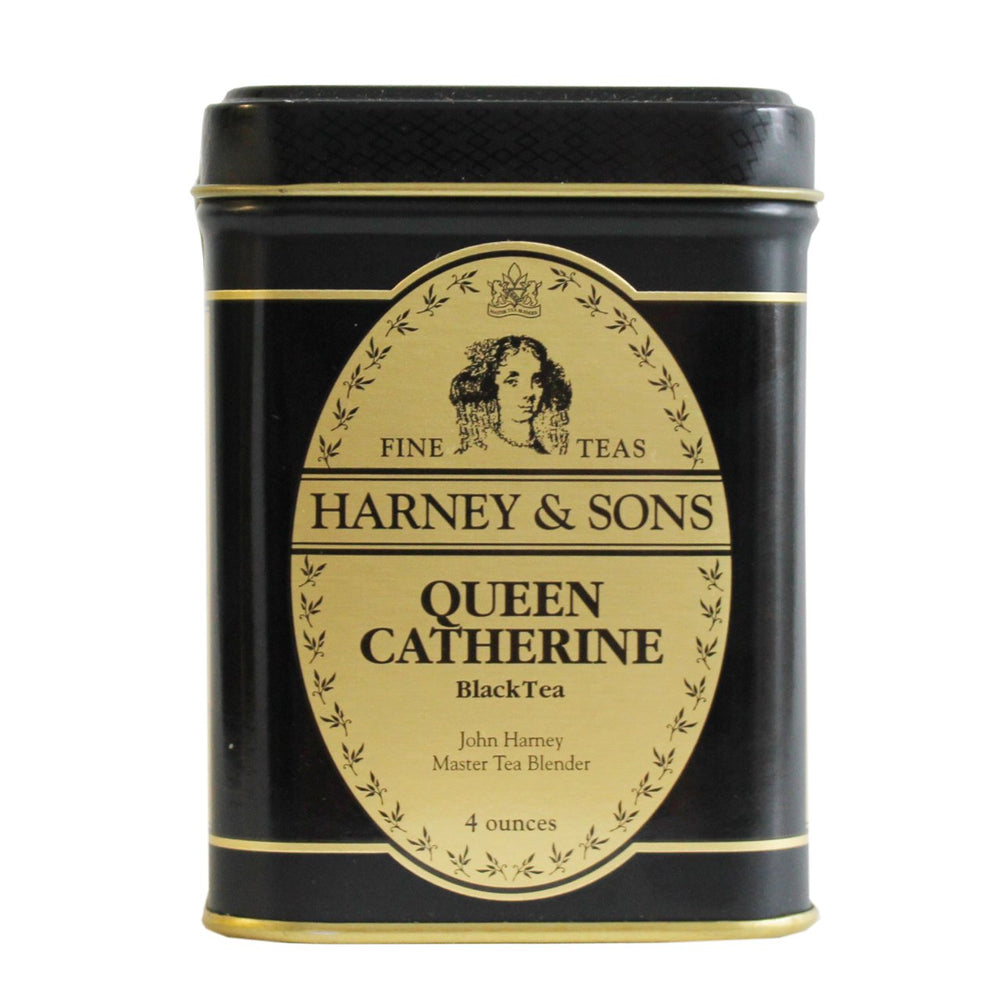 Harney & Sons front tin displaying Queen Catherine label and elegant packaging benefit gift-ready