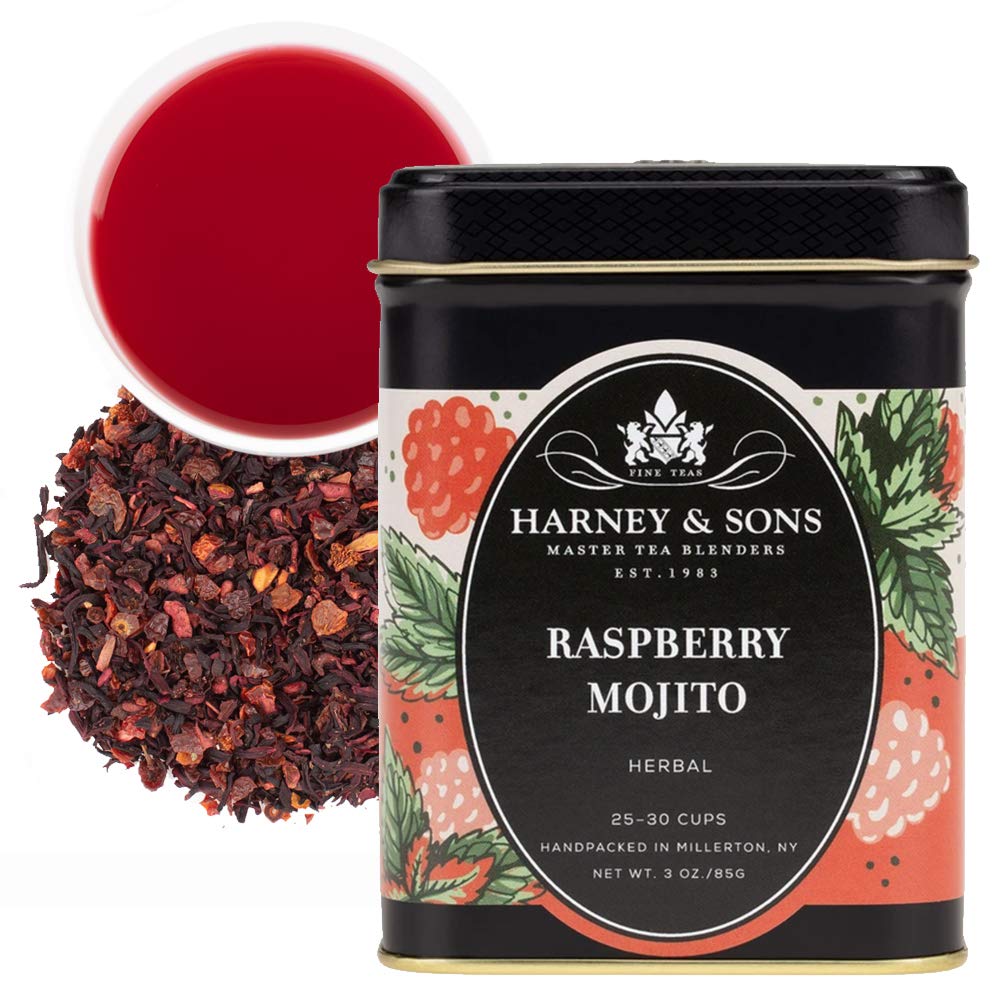 Harney & Sons tin front view showing Raspberry Mojito label and portability