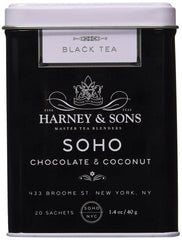 Harney & Sons tin front showing SoHo Chocolate Coconut label and convenient storage benefit