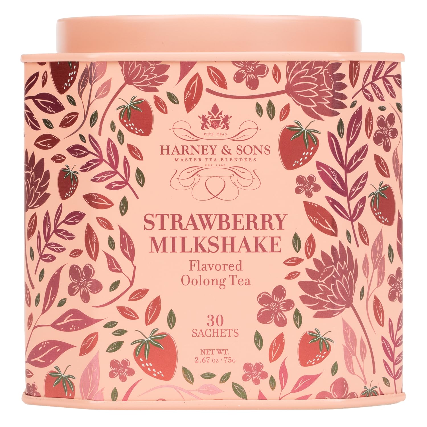 Harney & Sons tin front view showing Strawberry Milkshake branding and benefit of portability