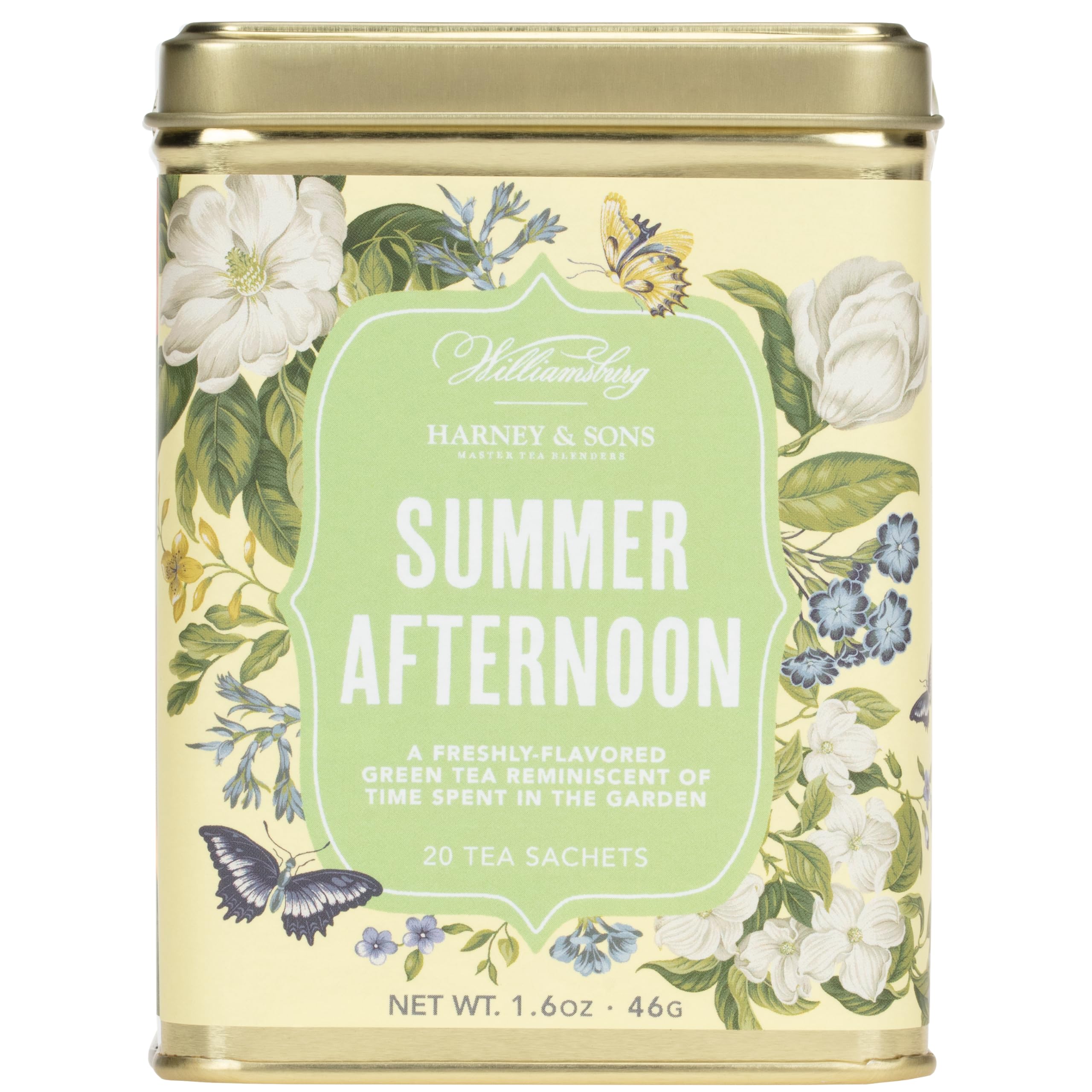 Harney & Sons tin front showcasing botanical art and protective packaging benefit