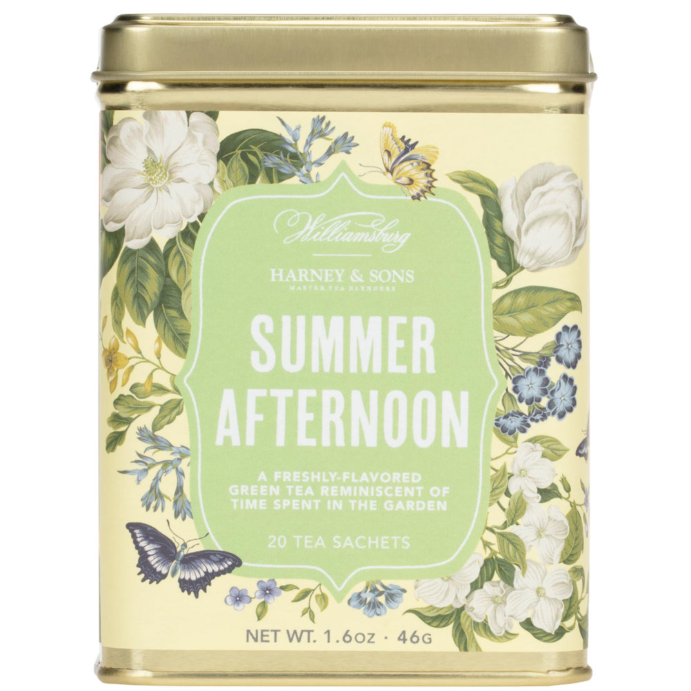 Harney & Sons tin front showcasing botanical art and protective packaging benefit