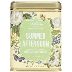 Harney & Sons tin front showcasing botanical art and protective packaging benefit
