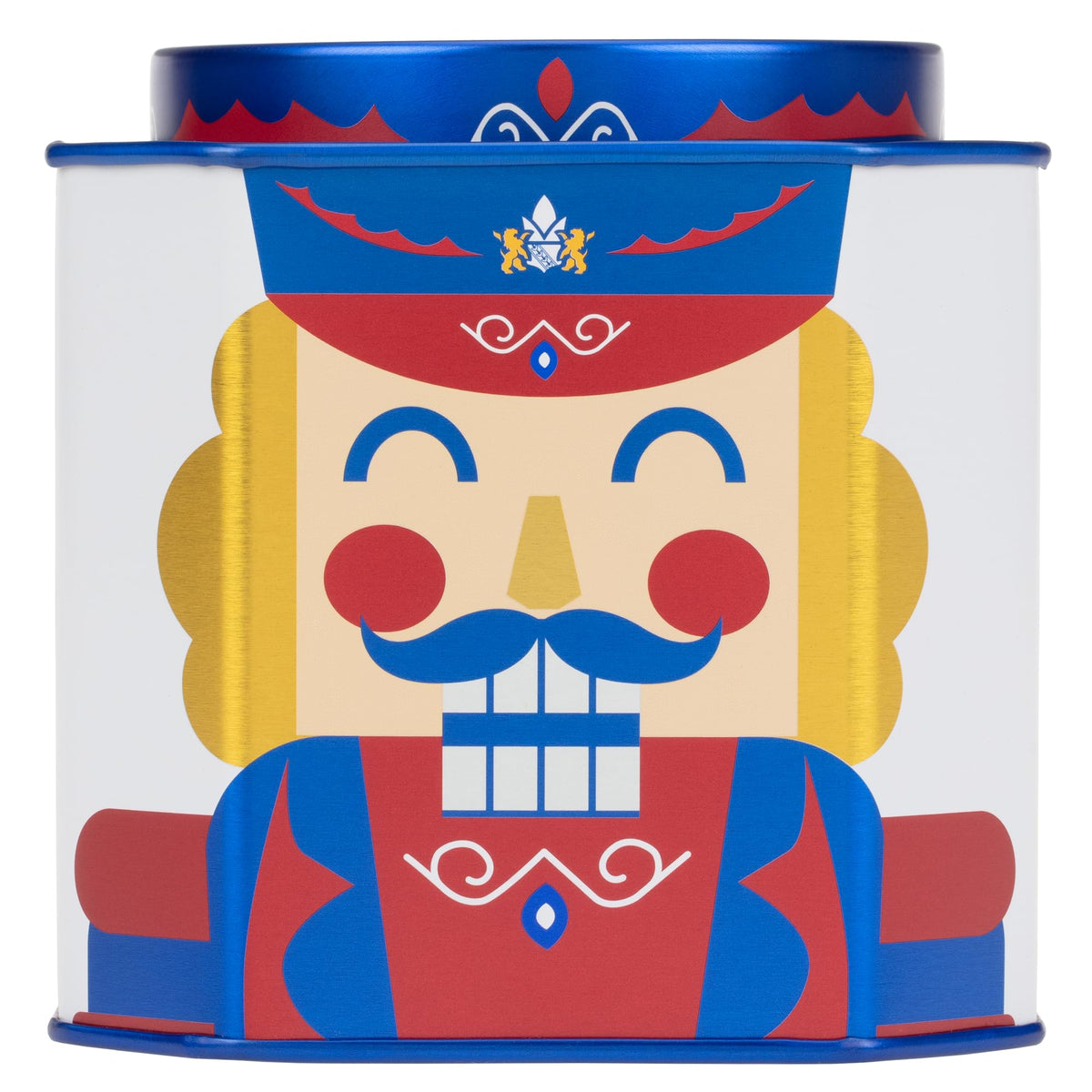 Harney & Sons tin front showing Nutcracker Blend and festive packaging, ideal gift presentation