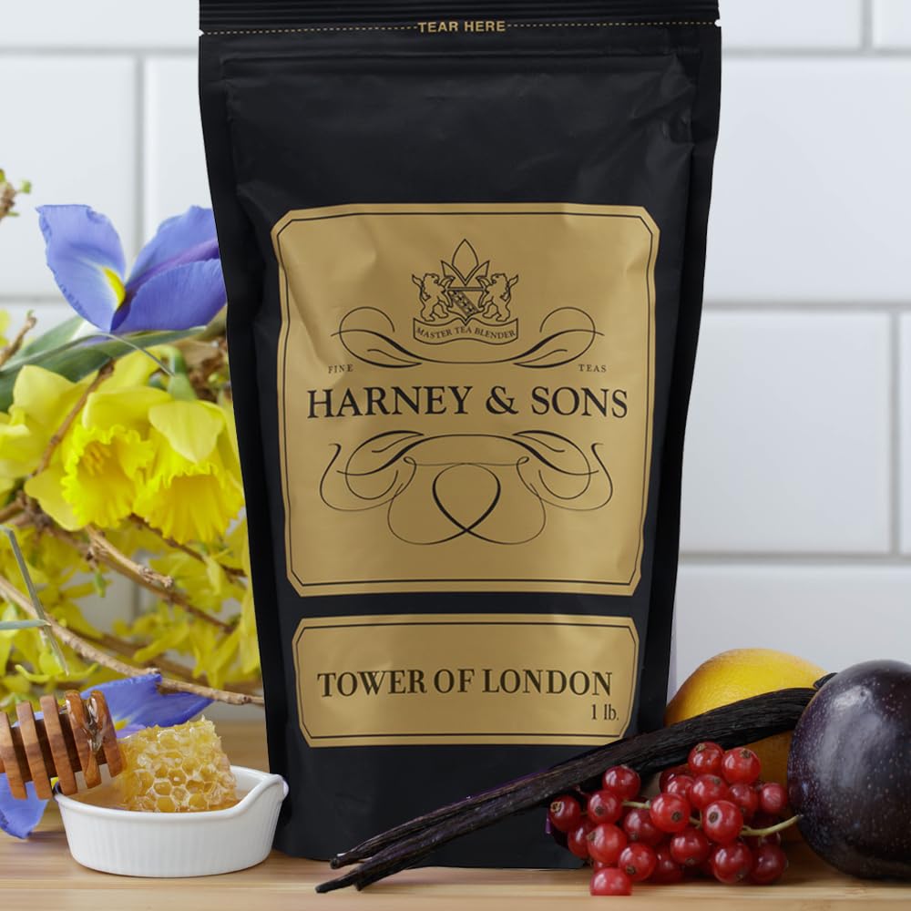Harney & Sons close-up of Tower of London loose leaves showing fruit pieces and aroma for brewing