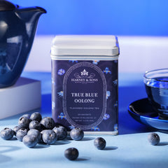 Harney & Sons brewed cup with blue hue in lifestyle setting for visual appeal