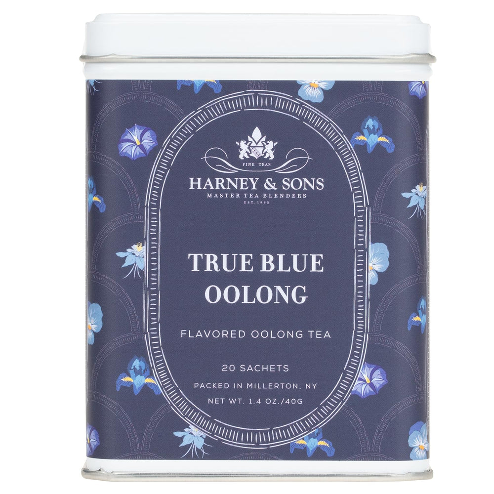 Harney & Sons tin front showing True Blue Oolong and packaging benefit