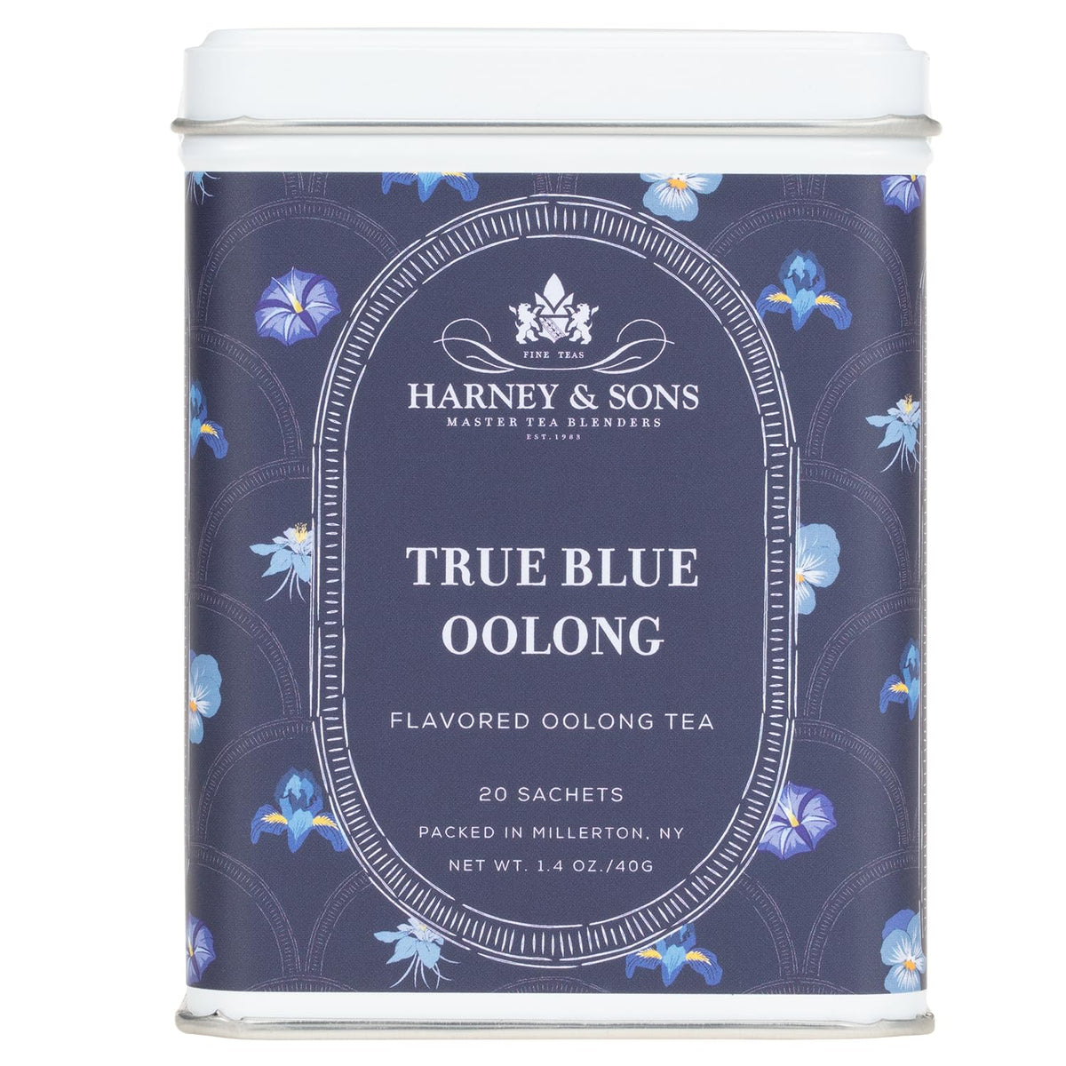Harney & Sons tin front showing True Blue Oolong and packaging benefit