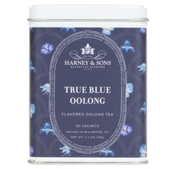 Harney & Sons tin front showing True Blue Oolong and packaging benefit