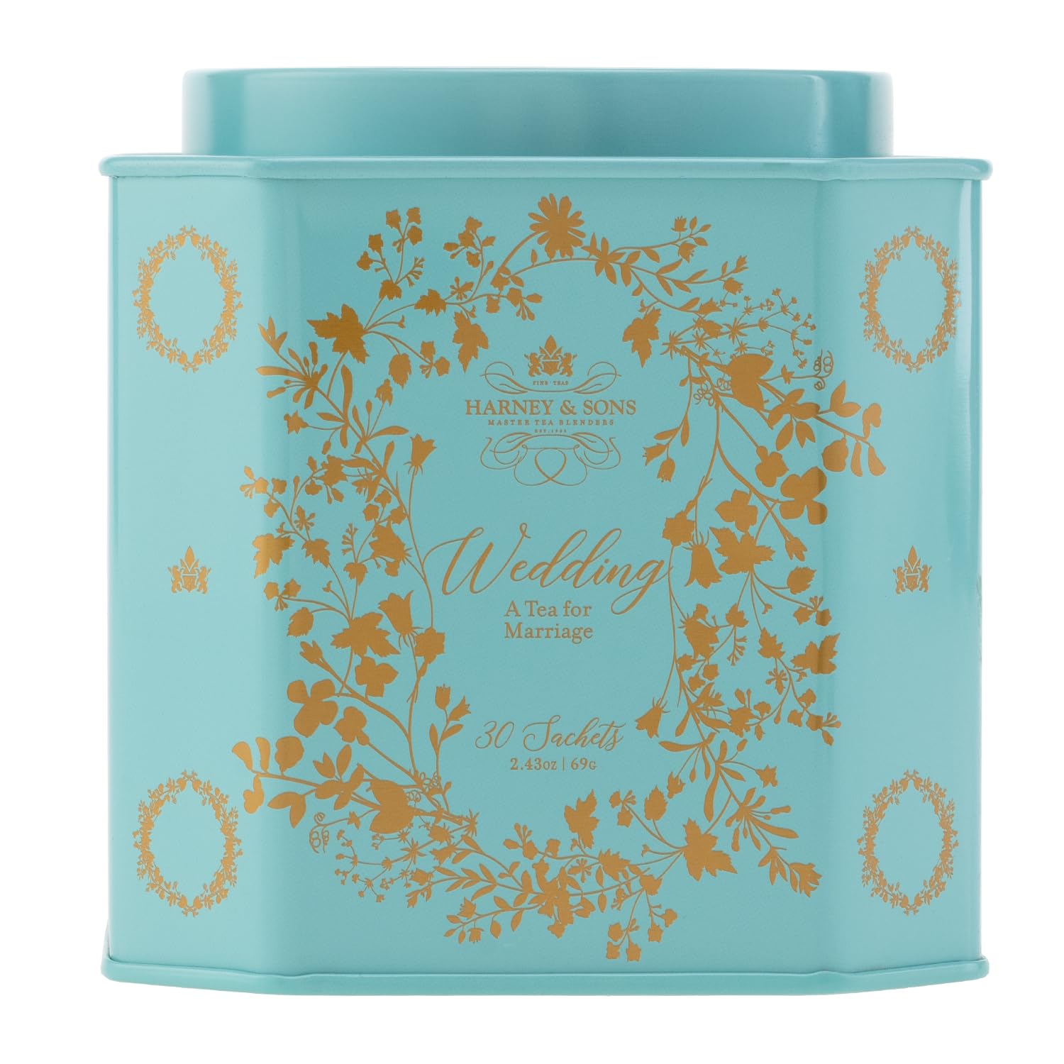 Harney & Sons tin front view showing 30 sachets and elegant gifting appeal
