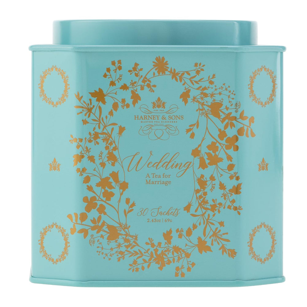 Harney & Sons tin front view showing 30 sachets and elegant gifting appeal